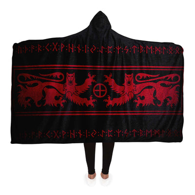Black Viking Lion & Runes Red On Black | Hooded Blanket
