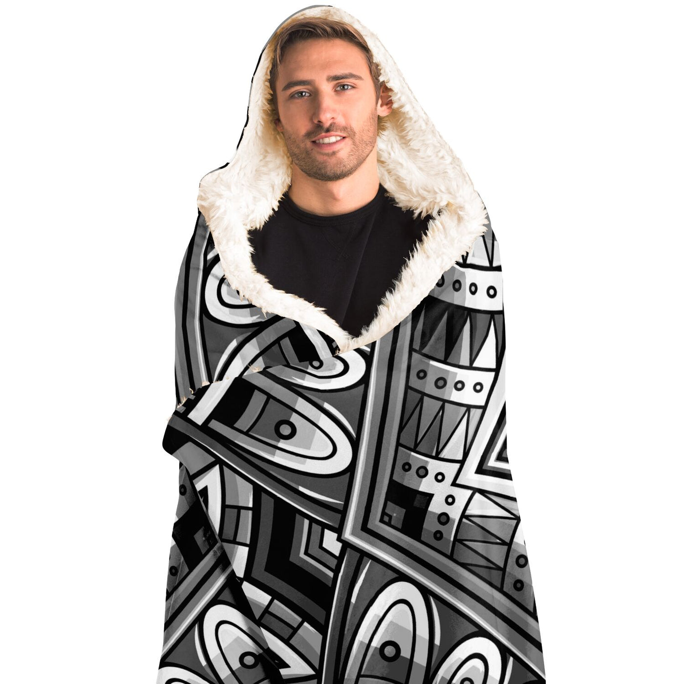 Dark Slate Gray Festival Clothes Tribal Lines 11 BW | Hooded Blanket