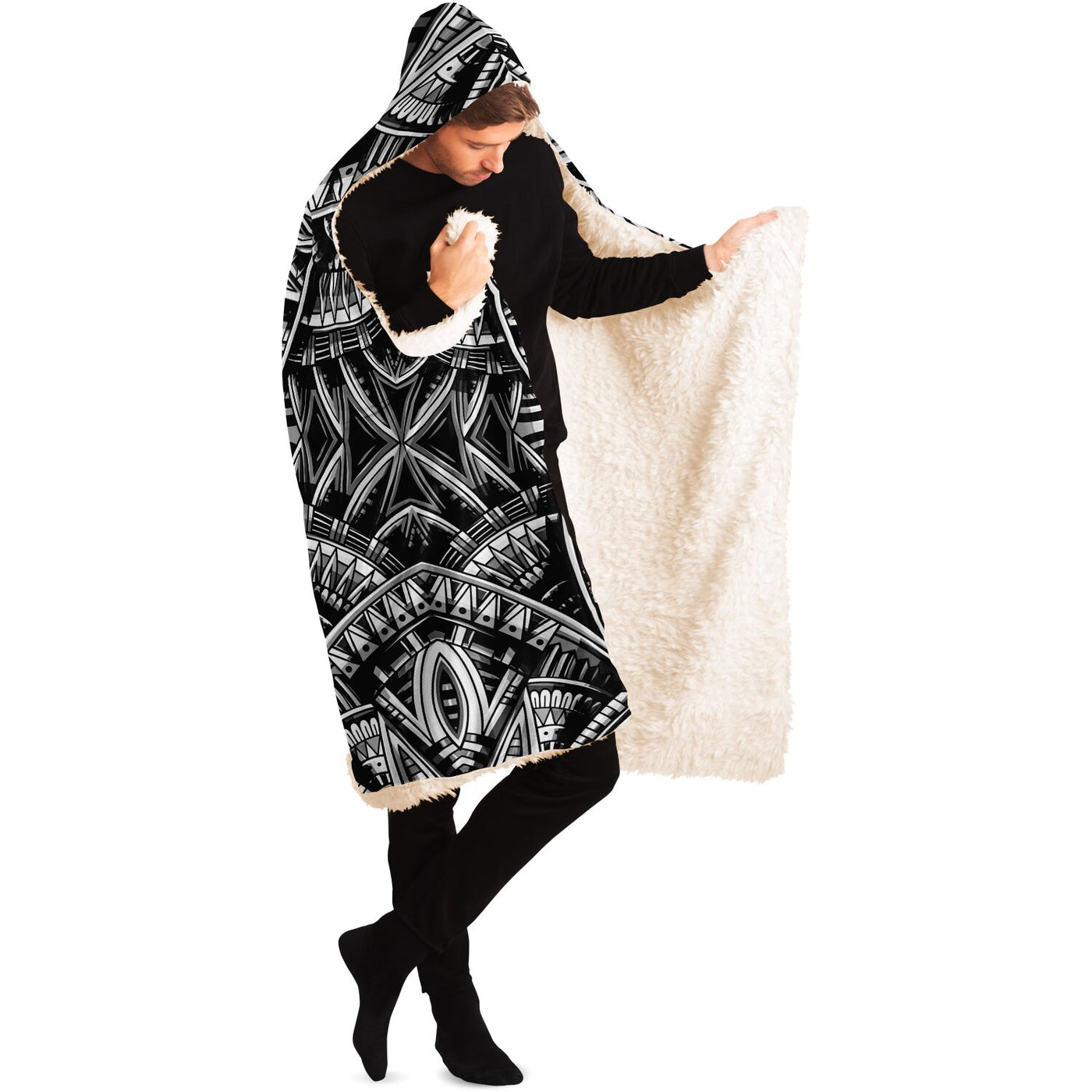 Black Festival Clothes Tribal Lines 26 BW | Hooded Blanket