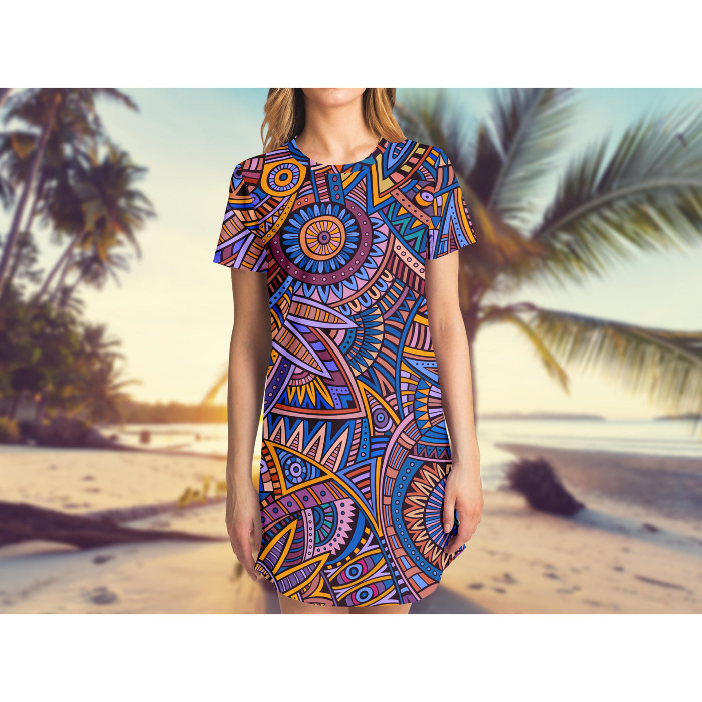 Rosy Brown Tribal Line Art  2 bright | T-Shirt Dress