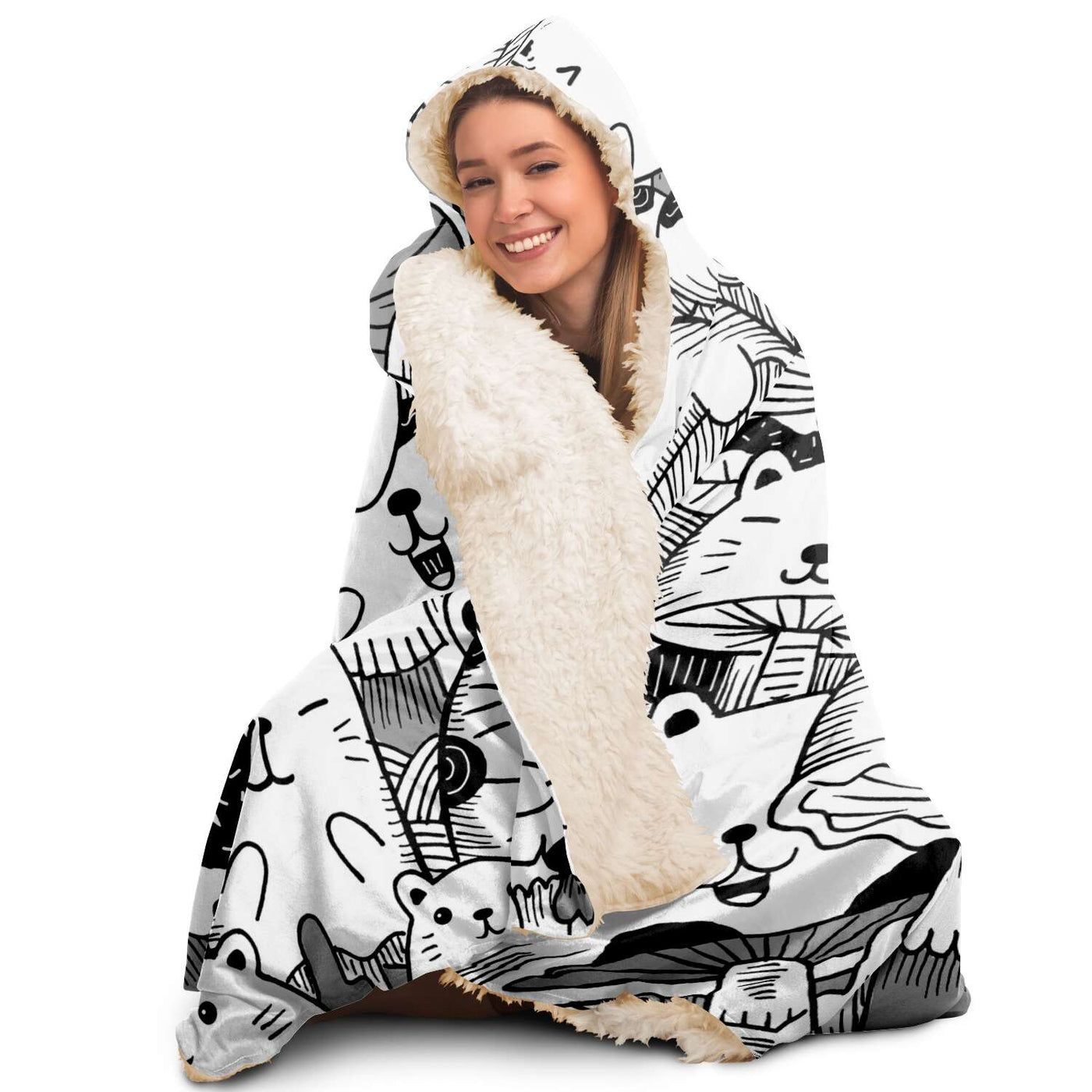 Light Gray Kawaii Cat Mushrooms | Hooded Blanket