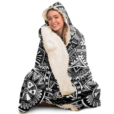 Light Gray Festival Clothes Tribal Lines 17 BW | Hooded Blanket