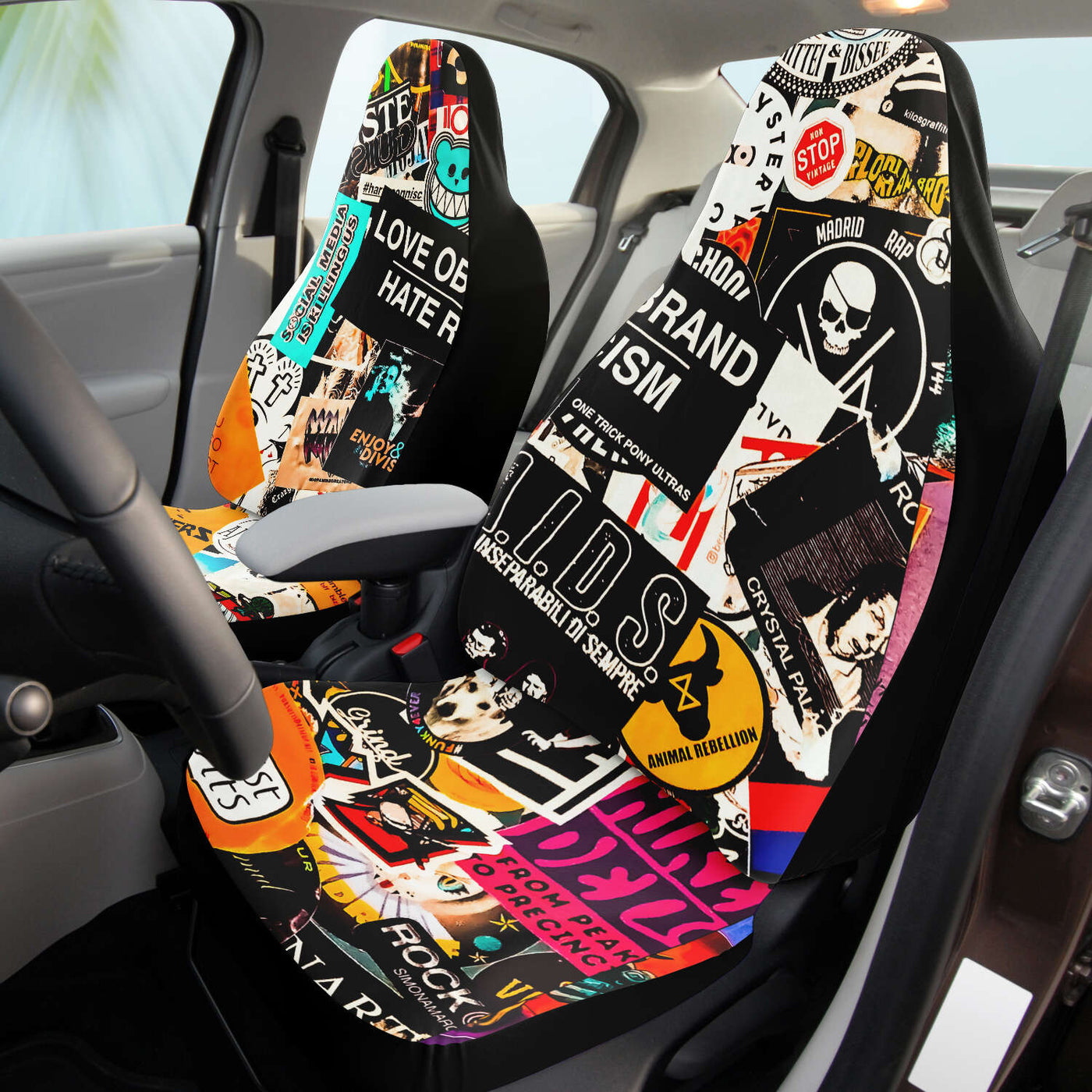Gray Vintage Stickers Collage Art | Car Seat Covers