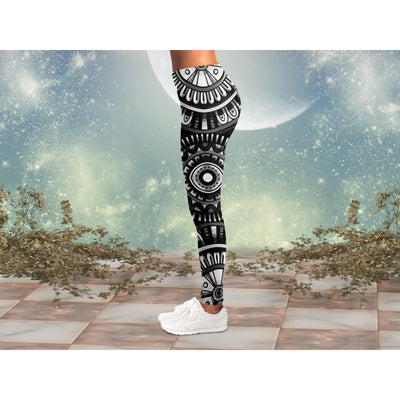 Dark Gray Tribal Line Art 7 BW | Leggings