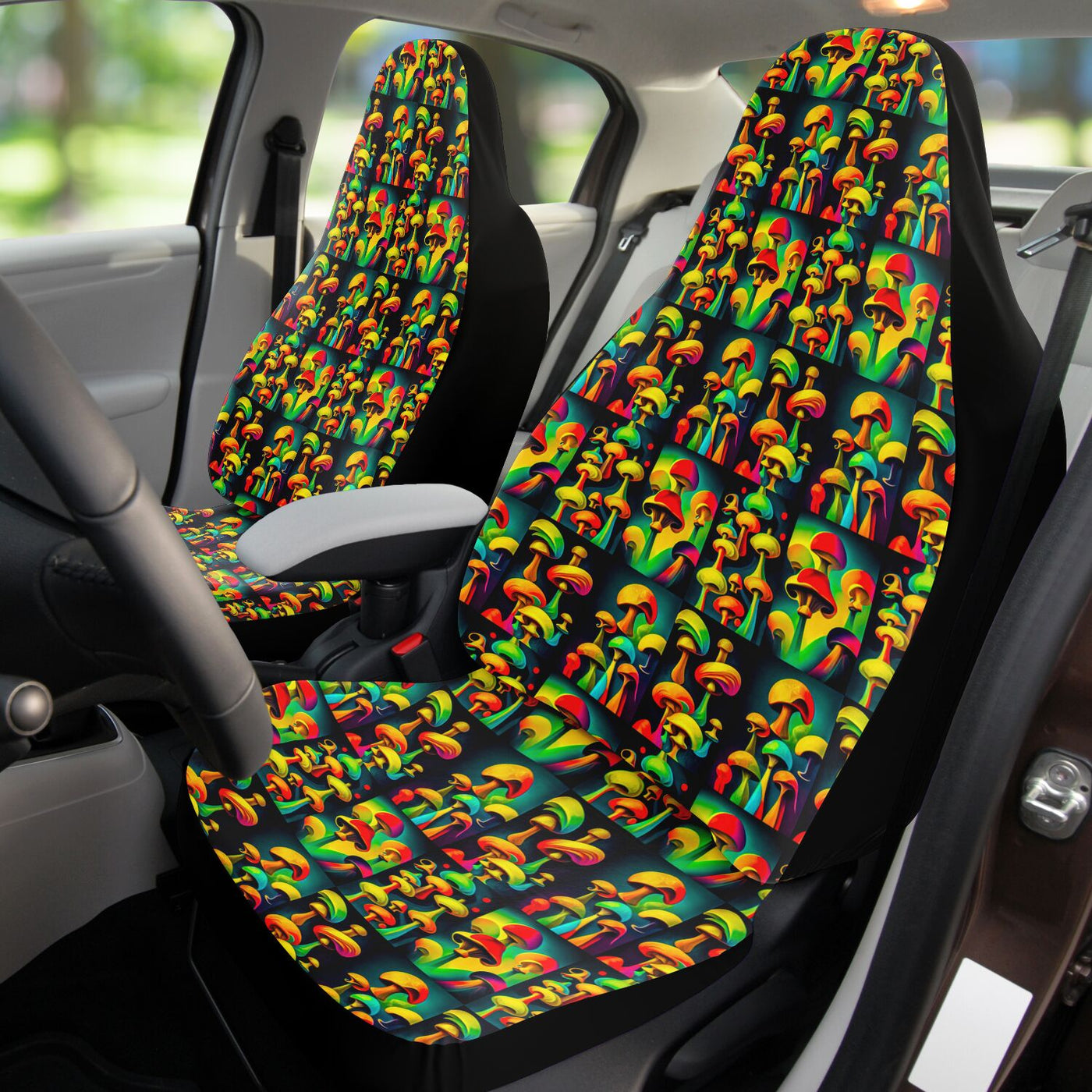 Dark Khaki Trippy Magic Mushrooms | Car Seat Covers