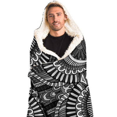Light Gray Festival Clothes Tribal Lines 24 BW | Hooded Blanket