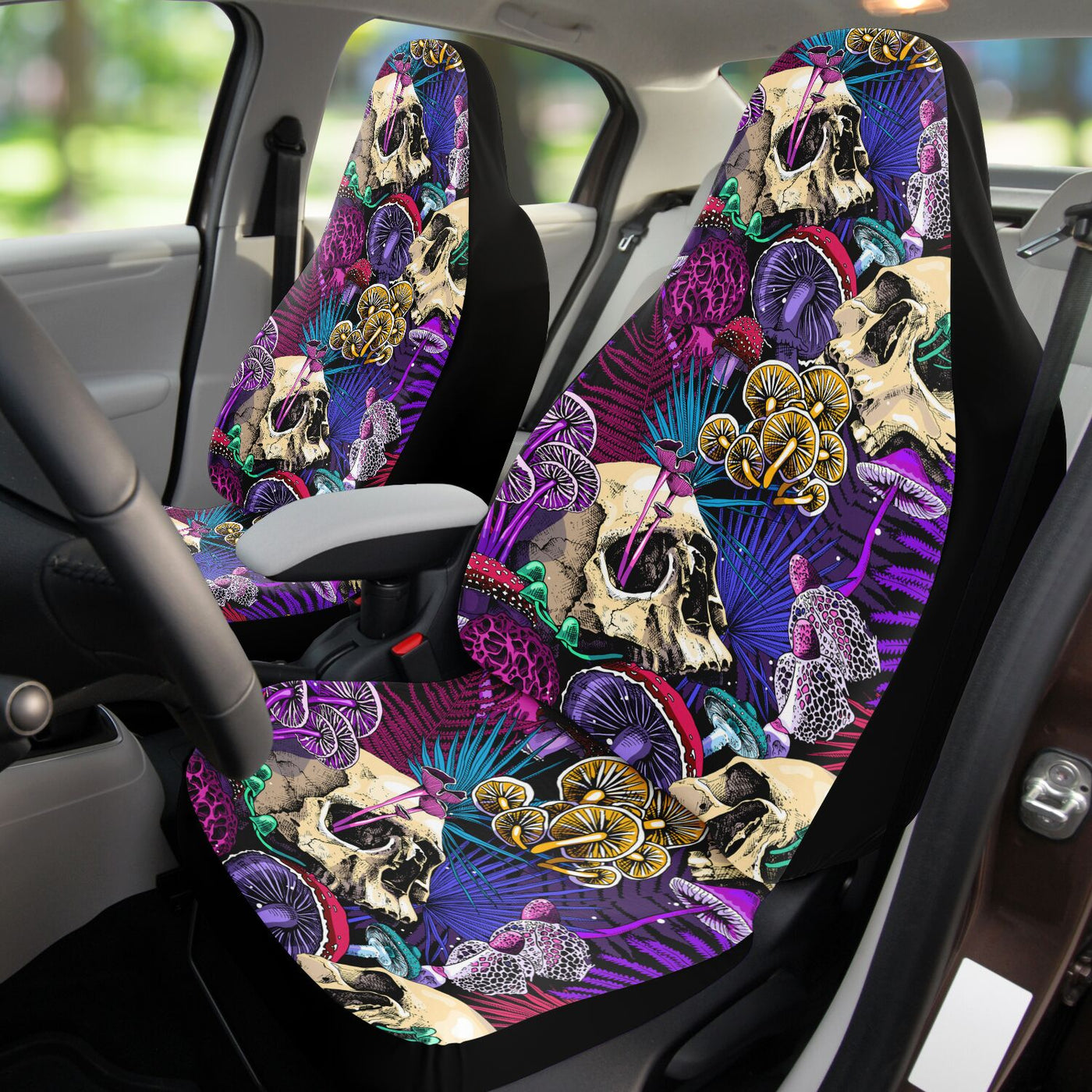 Dark Slate Gray Skulls & Magic Mushrooms Goth | Car Seat Covers