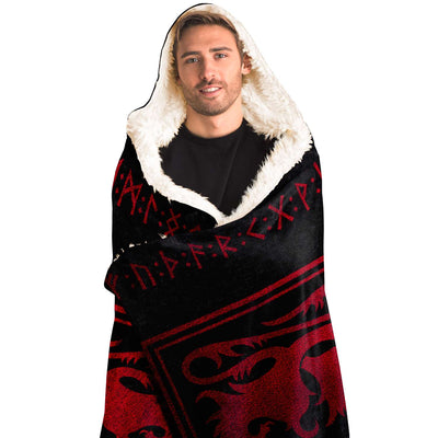 Black Viking Lion & Runes Red On Black | Hooded Blanket