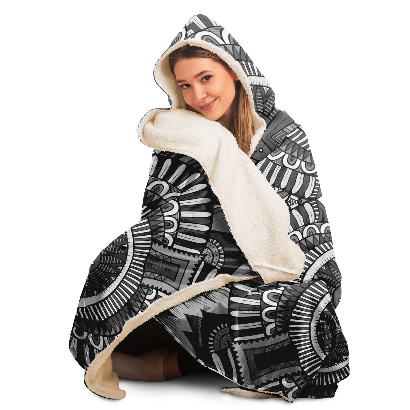 Light Gray Festival Clothes Tribal Lines 24 BW | Hooded Blanket