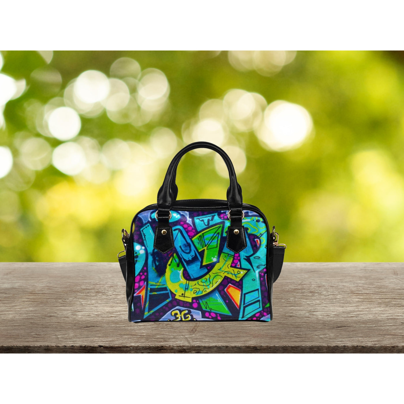Dark Khaki Green & Blue Graffiti Art | Leather Shoulder Bag