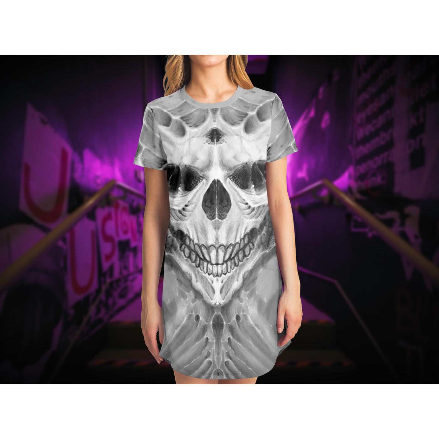Gray Skull Faced Grin | T-Shirt Dress