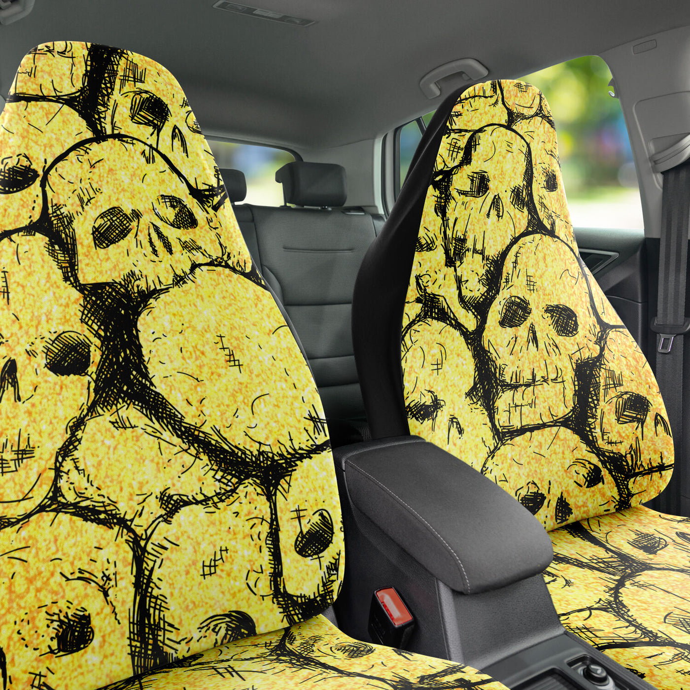 Dark Khaki Yellow Hand Drawn Skulls Goth | Car Seat Covers