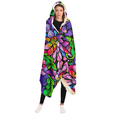 Dark Slate Gray Vibrant Neon Flowers | Hooded Blanket