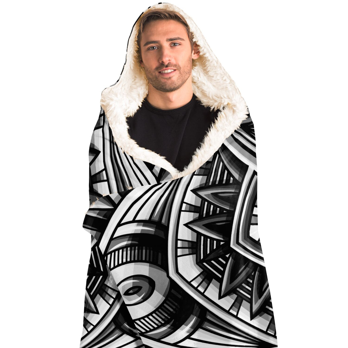 Light Gray Festival Clothes Tribal Lines 9 BW | Hooded Blanket