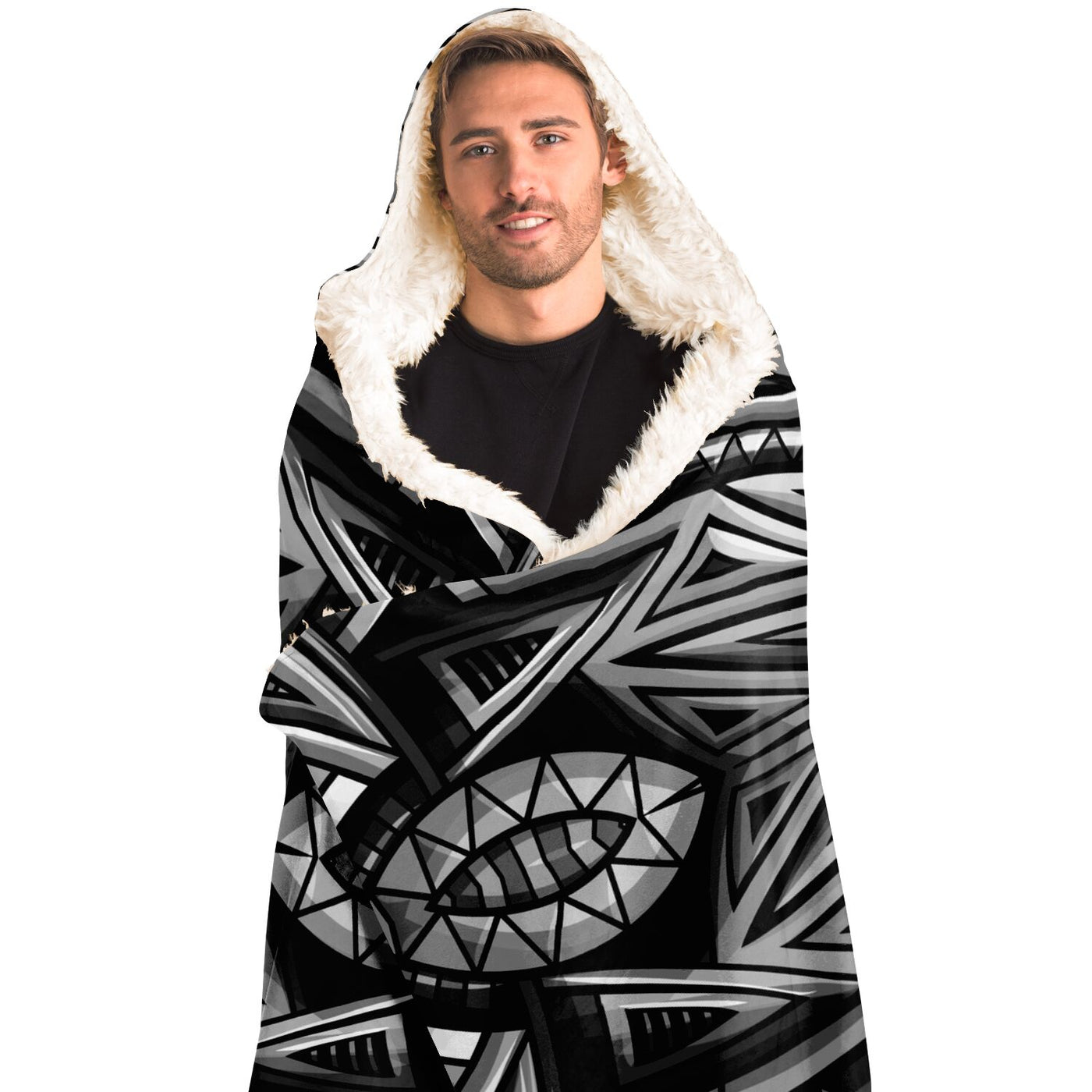 Light Gray Festival Clothes Tribal Lines 6 BW | Hooded Blanket