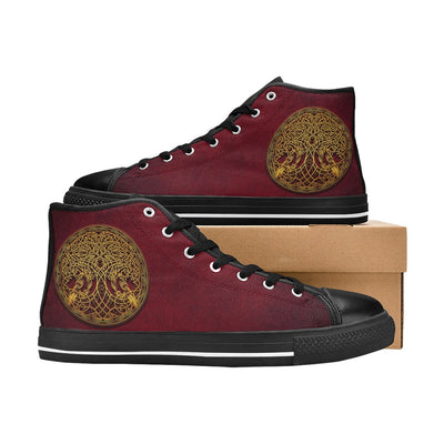 Dark Slate Gray Celtic Knot Tree Of Life Gold On Red | Men’s Classic High Top Canvas Shoes