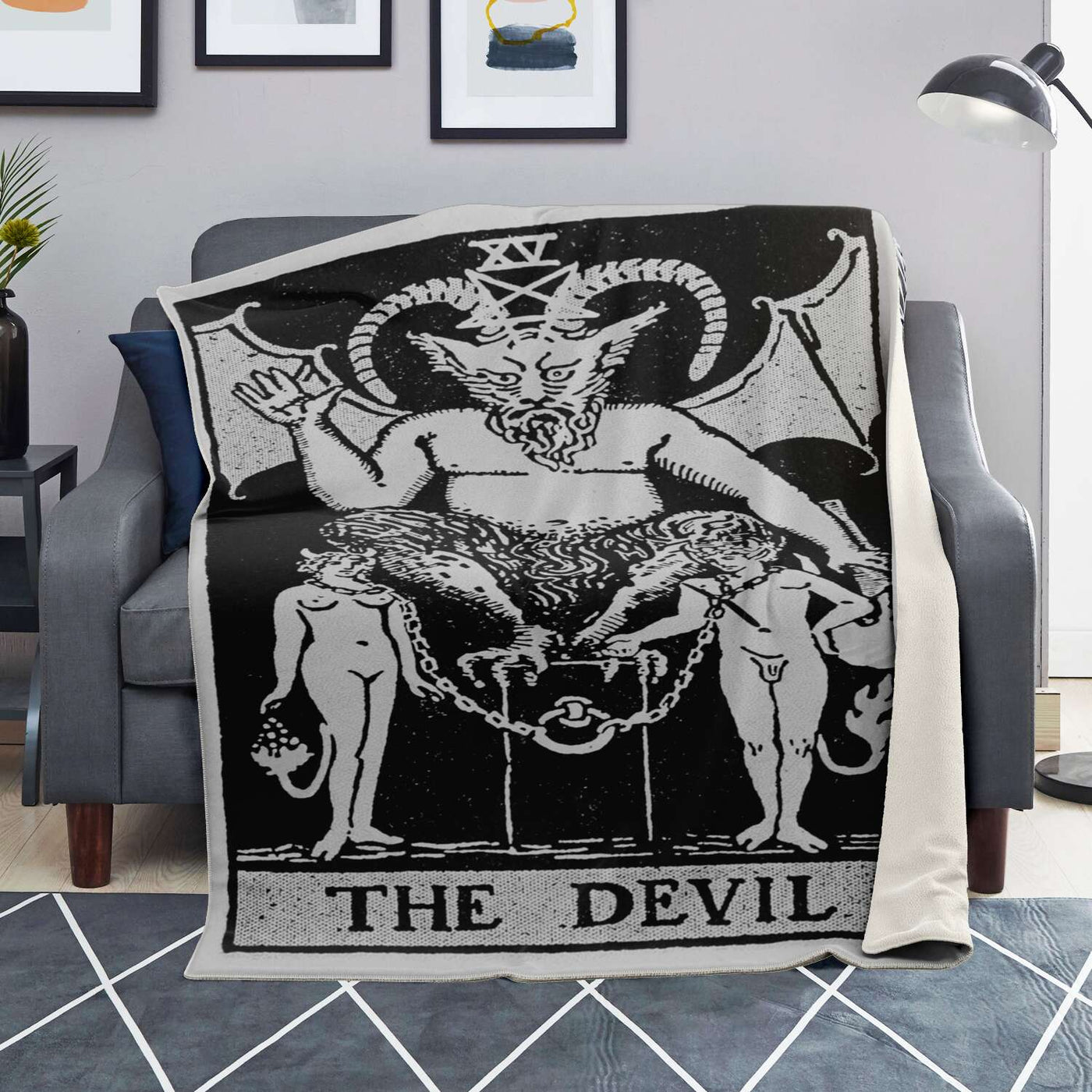 Gray Retro The Devil Tarot Card | Premium Microfleece Blanket