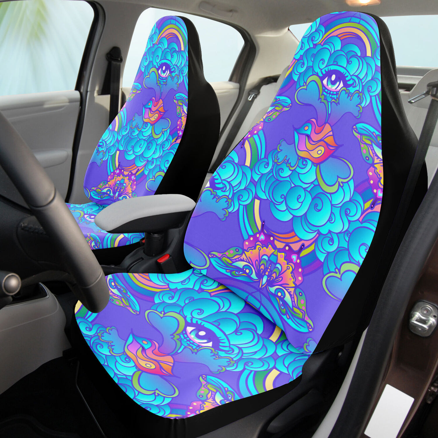 Black Trippy Tie Dye Eyes Clouds & Butterflies | Car Seat Covers