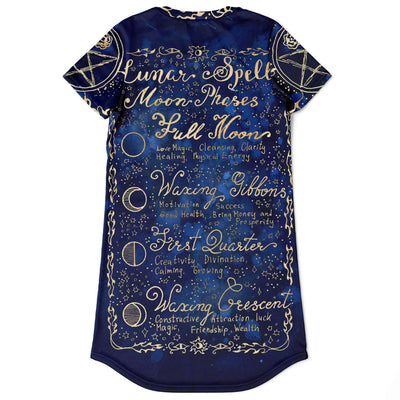 Midnight Blue Witchy Dress With Lunar Spells And Phases | T-Shirt Dress