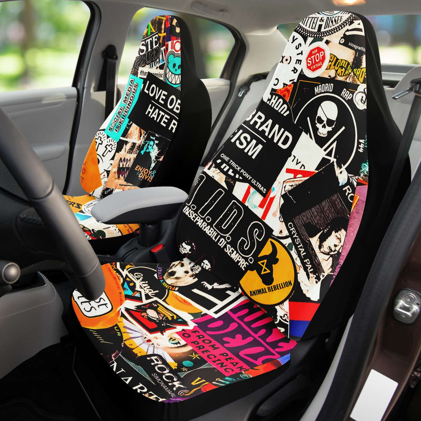 Tan Vintage Stickers Collage Art | Car Seat Covers
