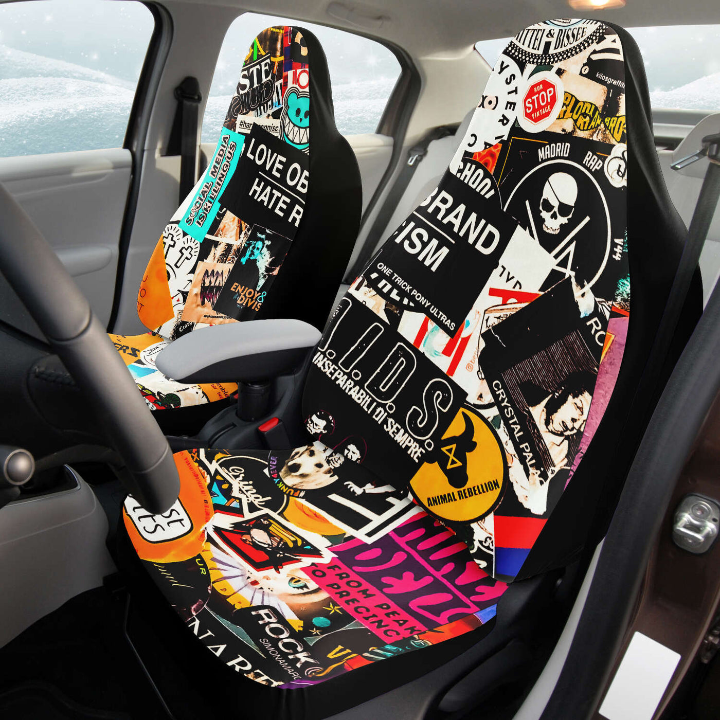 Gray Vintage Stickers Collage Art | Car Seat Covers