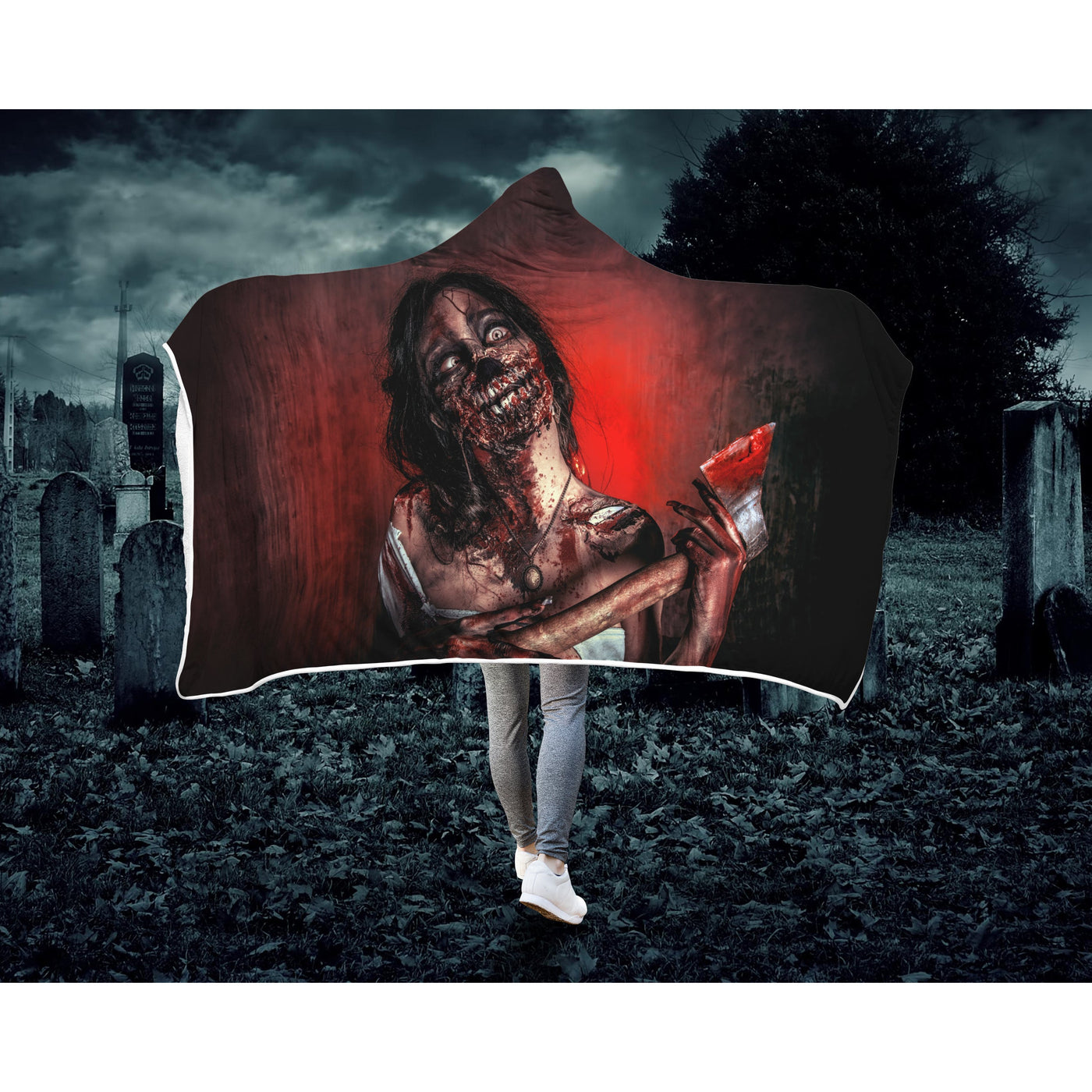 Black Horrorcore Menacing Zombie With An Ax | Hooded Blanket