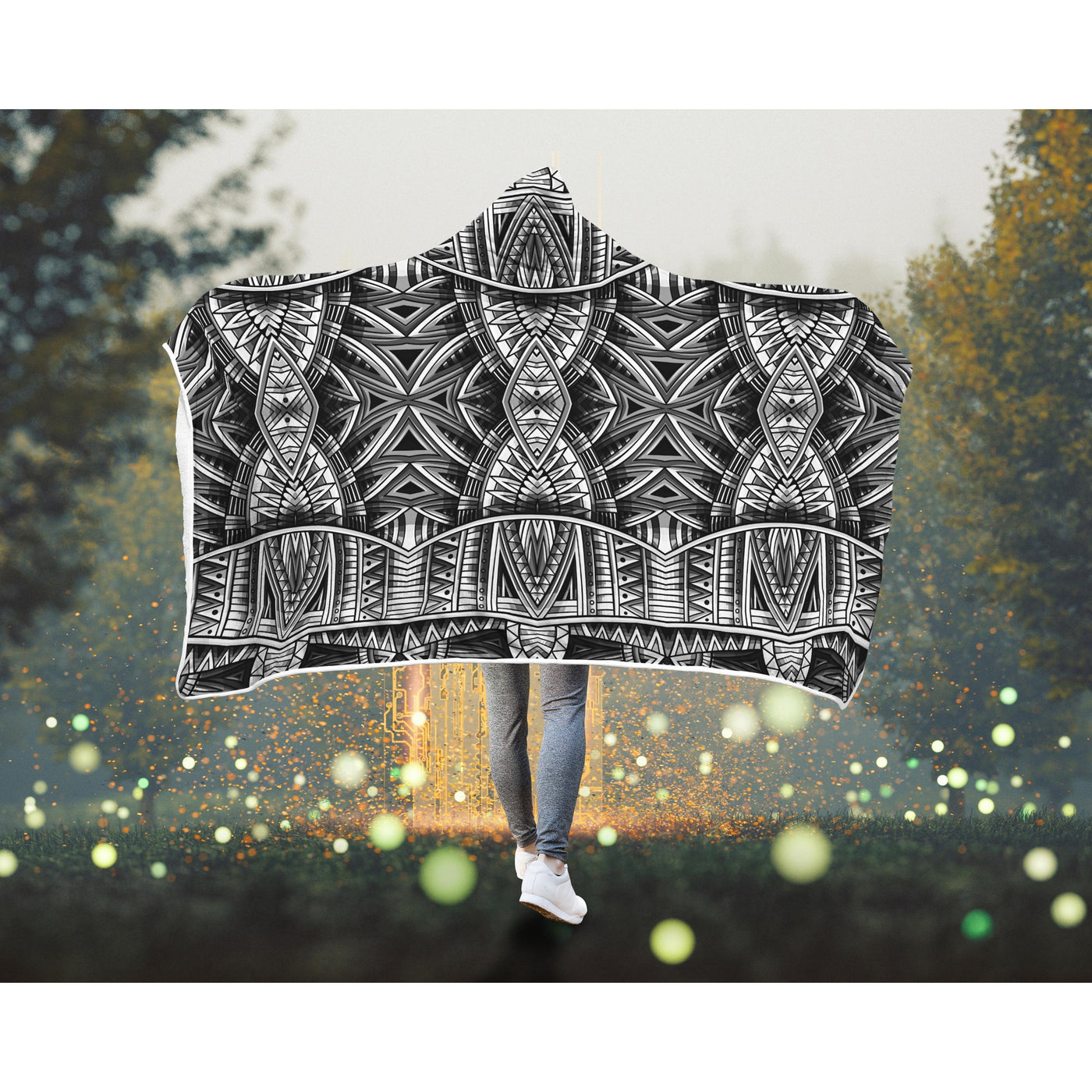 Dark Slate Gray Festival Clothes Tribal Lines 23 BW | Hooded Blanket
