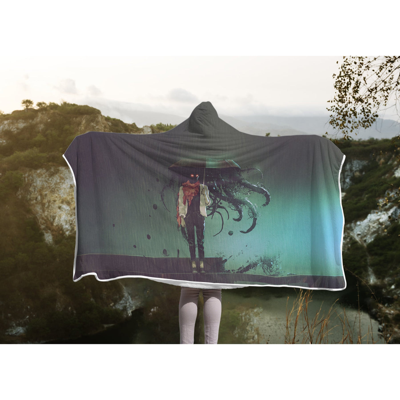 Dark Slate Gray Umbrella Surreal Anime Art Hooded Blanket