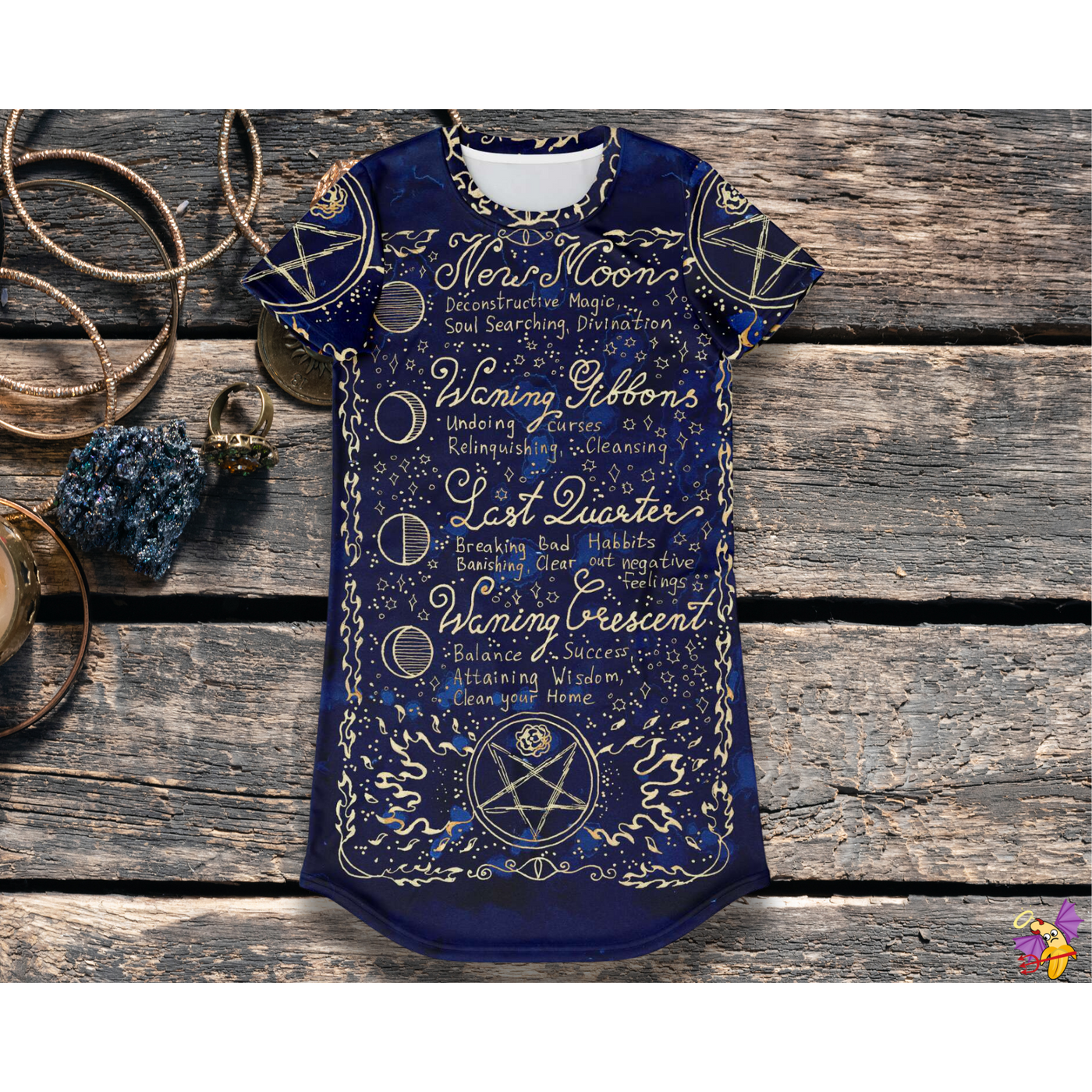 Dark Slate Gray Witchy Dress With Lunar Spells And Phases | T-Shirt Dress