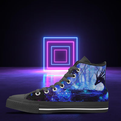 Black Fantasy Dragon In A Blue Forest Anime Art | Men’s Classic High Top Canvas Shoes
