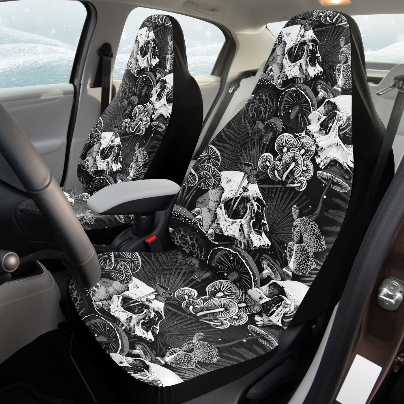 Light Gray Gray Skulls & Magic Mushrooms Goth | Car Seat Covers