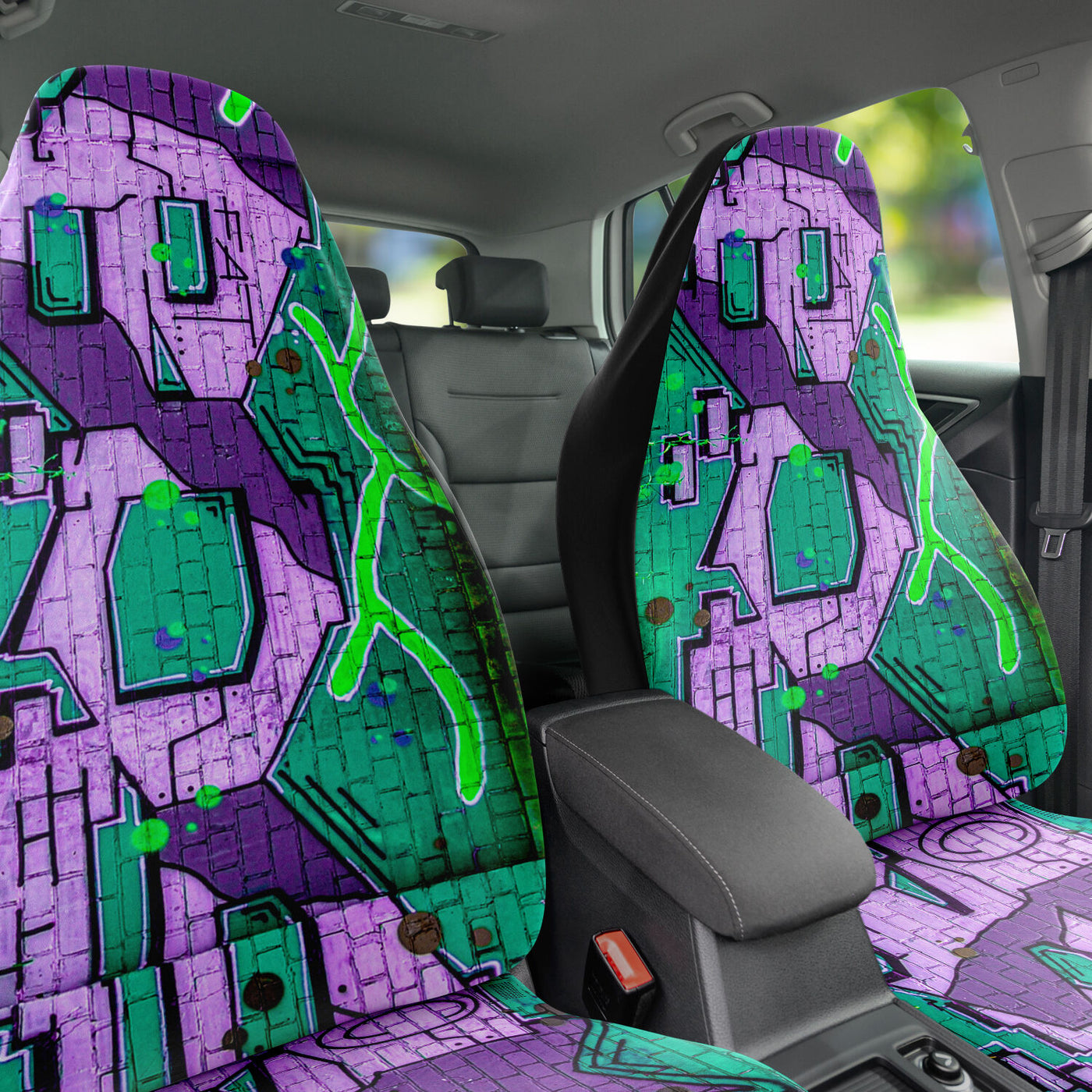Dark Slate Gray Graffiti Art Purple & Green On brick | Car Seat Covers