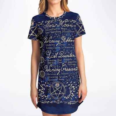 White Smoke Witchy Dress With Lunar Spells And Phases | T-Shirt Dress