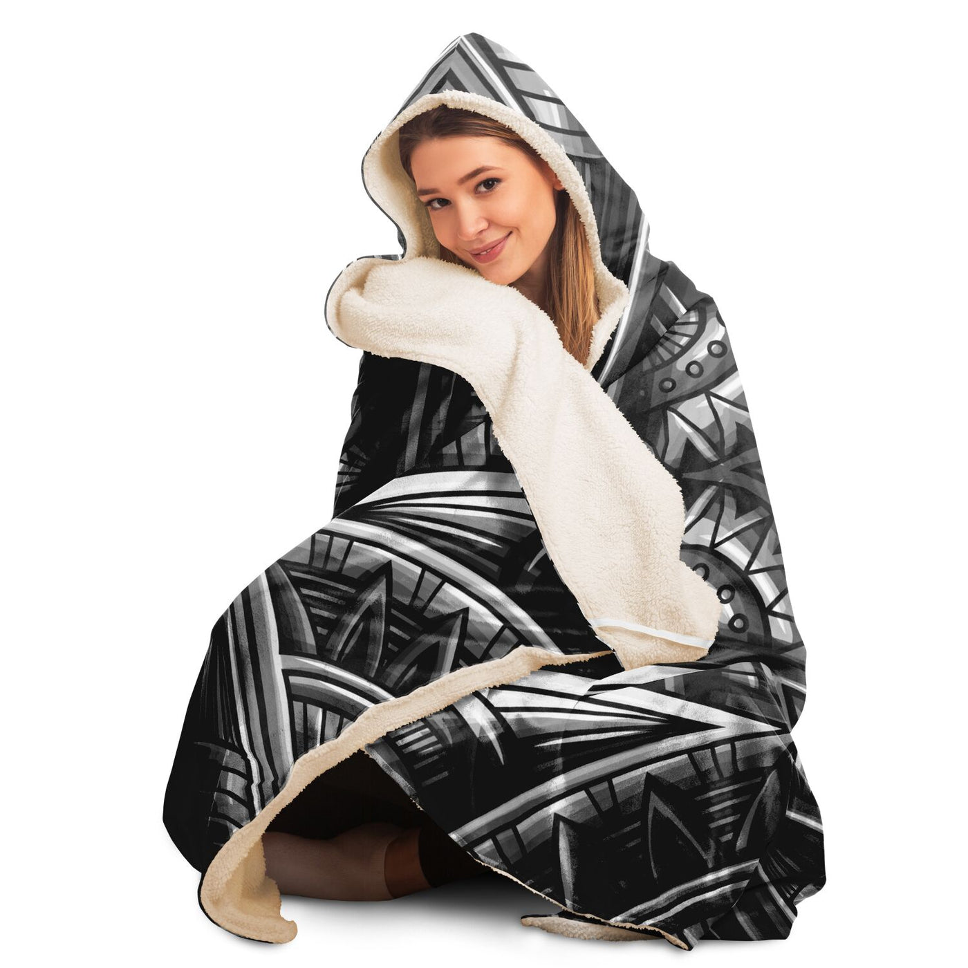 Light Gray Festival Clothes Tribal Lines 7 BW | Hooded Blanket
