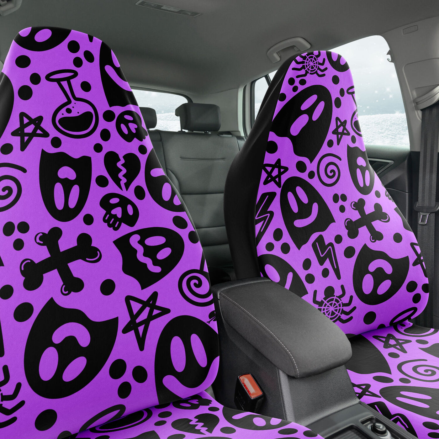 Dark Slate Gray Cute Ghosts On Purple Pastel Goth | Car Seat Covers
