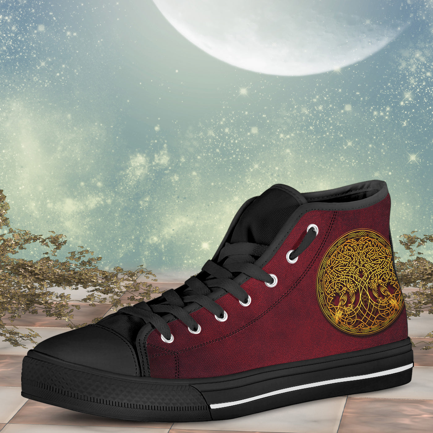 Dark Gray Celtic Knot Tree Of Life Gold On Red | Women's Classic High Top Canvas Shoes