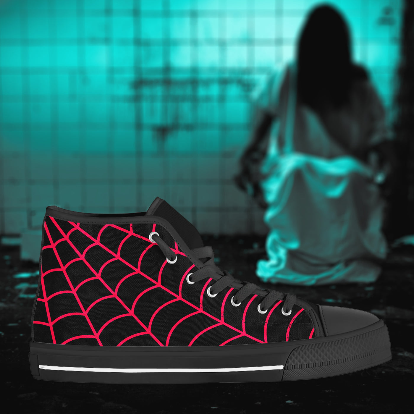 Dark Slate Gray Neon Pink Spiderweb | Women's Classic High Top Canvas Shoes