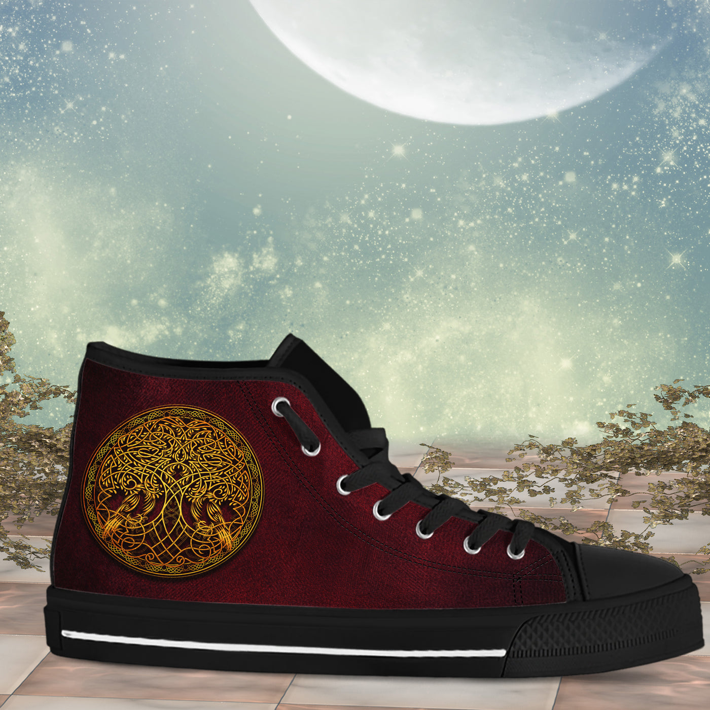 Dark Gray Celtic Knot Tree Of Life Gold On Red | Women's Classic High Top Canvas Shoes