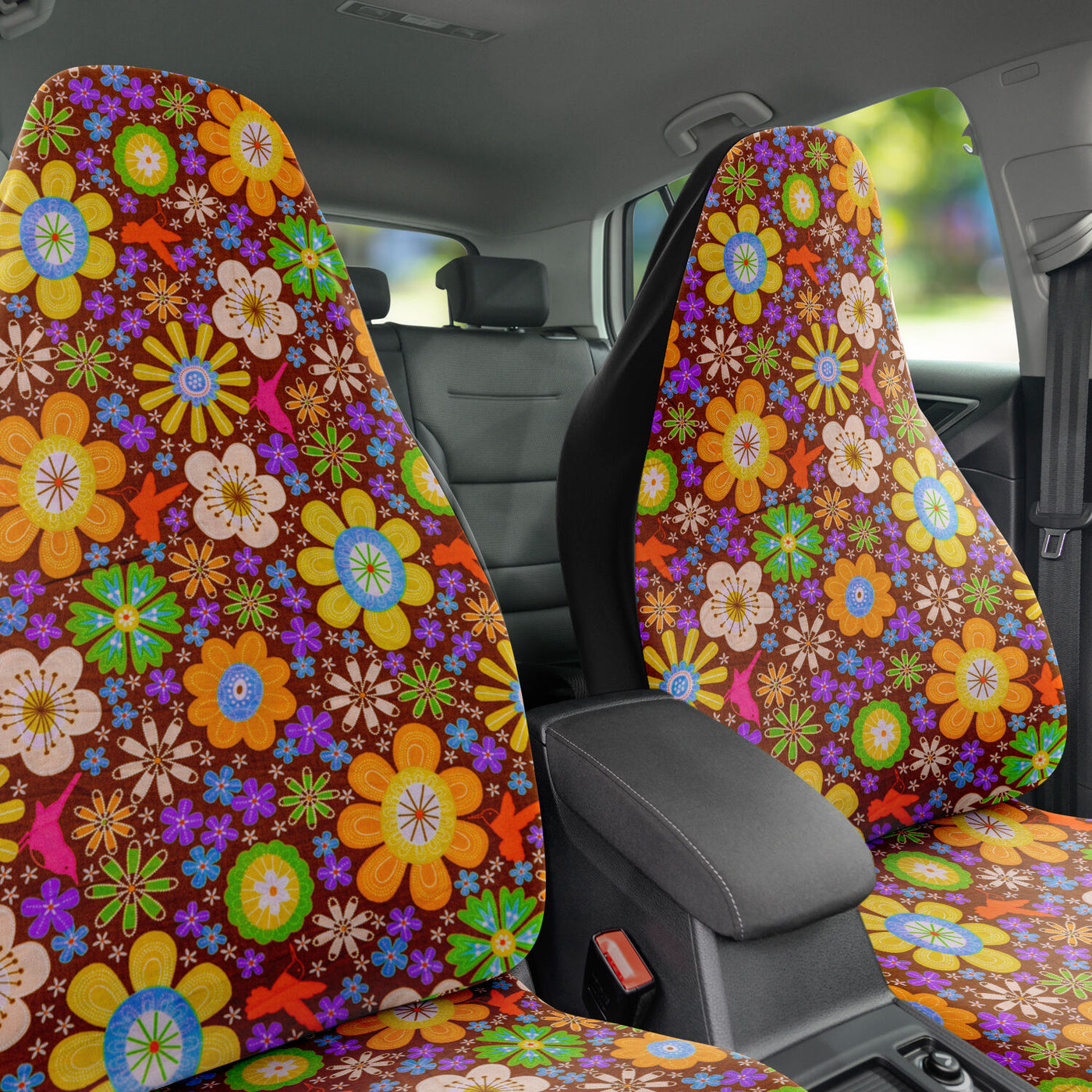 Dark Slate Gray Hippie Bright Floral Art | Car Seat Covers