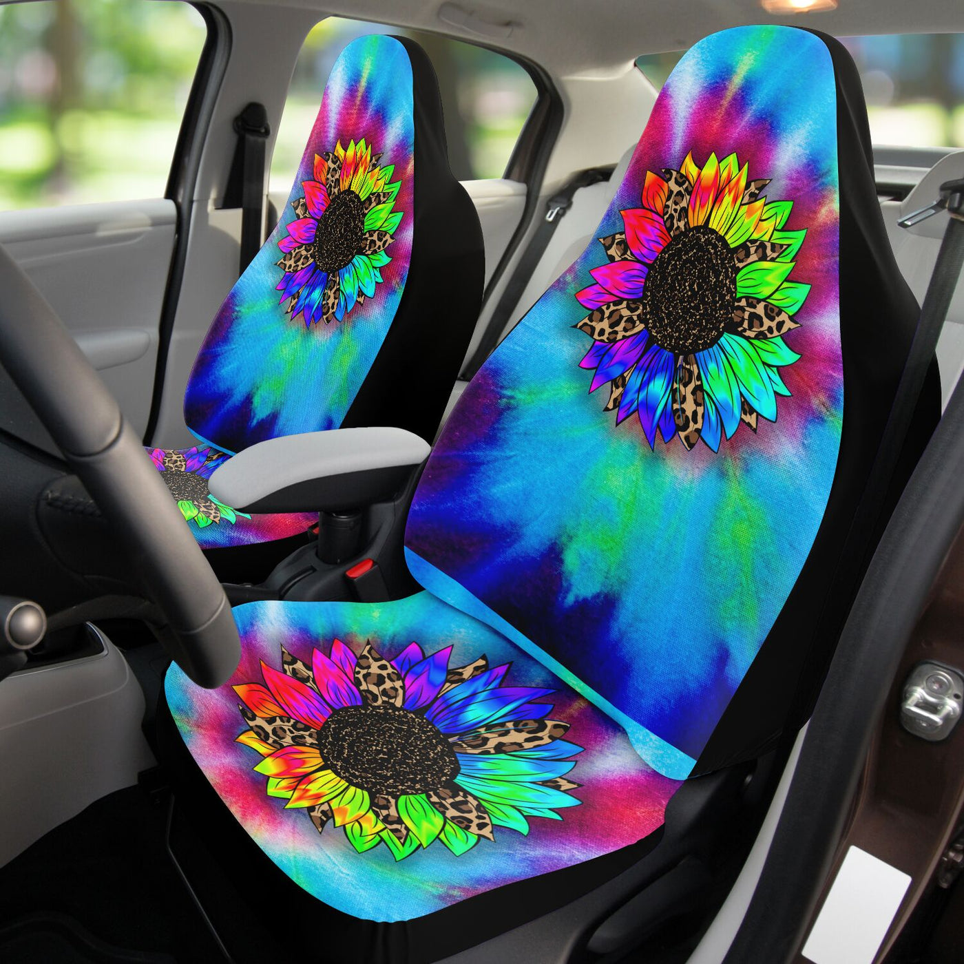 Rosy Brown Sunflower Blue & Green Tie Dye | Car Seat Covers
