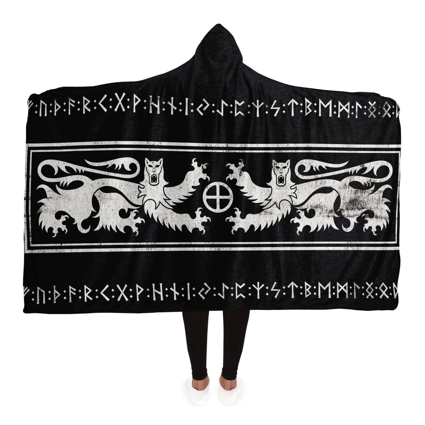 Light Gray Viking Runes Lions BW | Hooded Blanket