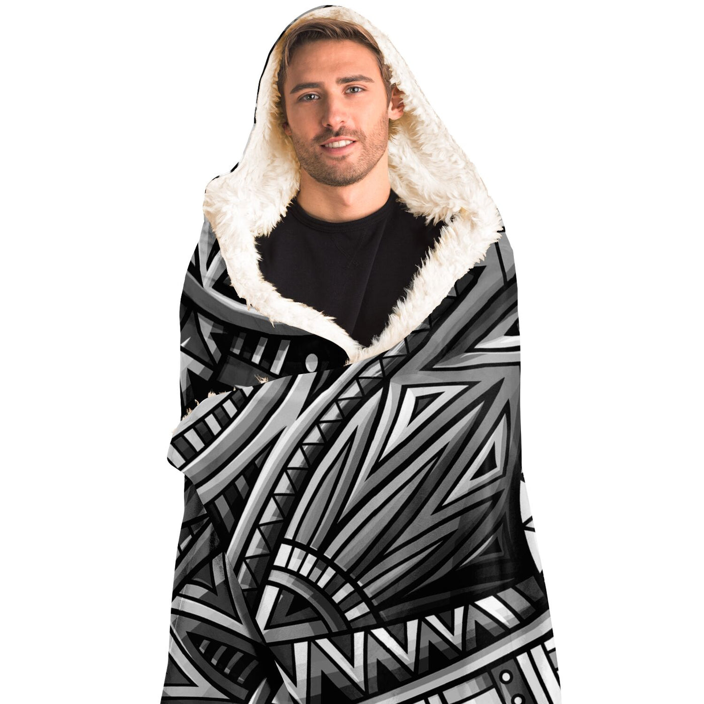 Light Gray Festival Clothes Tribal Lines 27 BW | Hooded Blanket