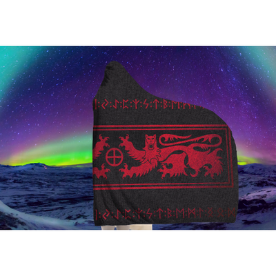Dark Slate Gray Viking Lion & Runes Red On Black | Hooded Blanket