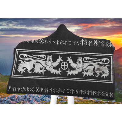 Dark Slate Gray Viking Runes Lions BW | Hooded Blanket
