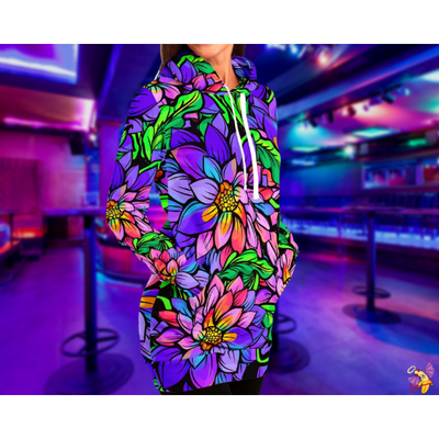Dark Slate Blue Vibrant Neon Flowers | Longline Fashion Hoodie