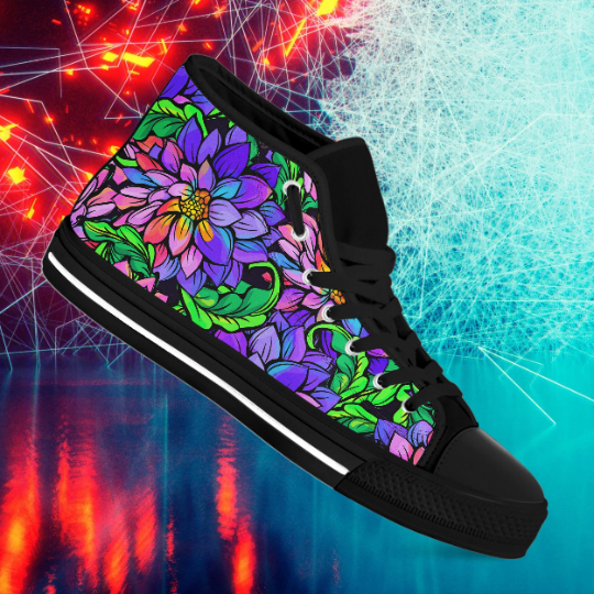 Rosy Brown Tie Dye Neon Lotus Flower | Women's Classic High Top Canvas Shoes