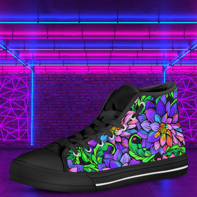 Midnight Blue Tie Dye Neon Lotus Flower | Women's Classic High Top Canvas Shoes