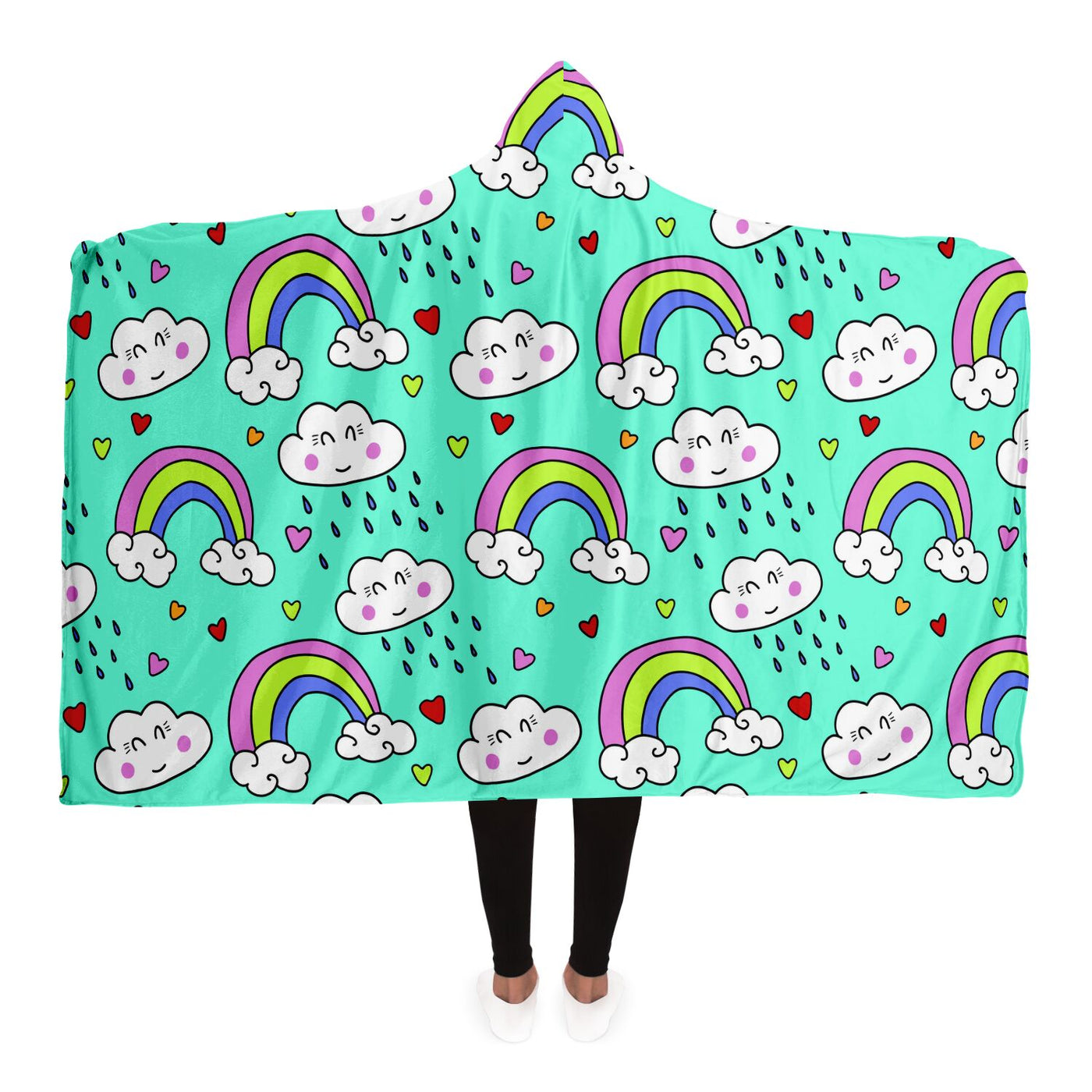 Medium Turquoise kawaii rainbows Hooded Blanket-Frontside-Design_Template copy