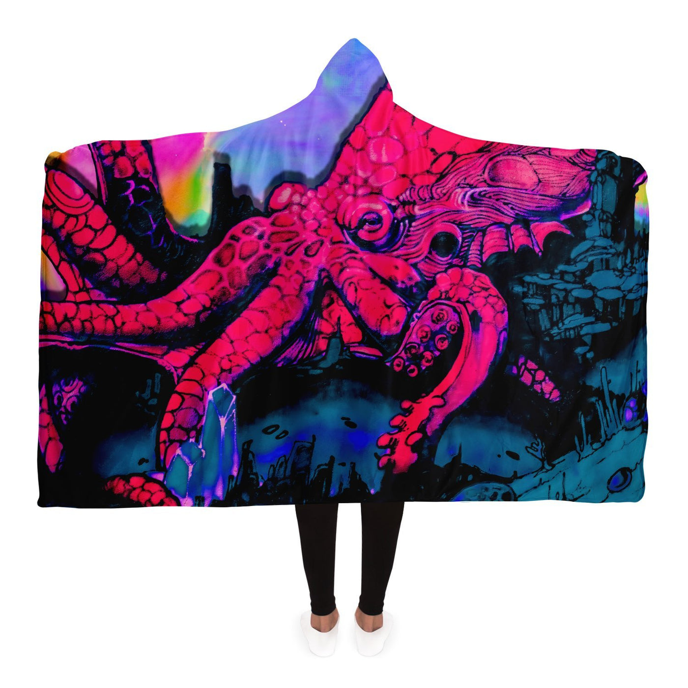 Midnight Blue Tie Dye Space Squid | Hooded Blanket