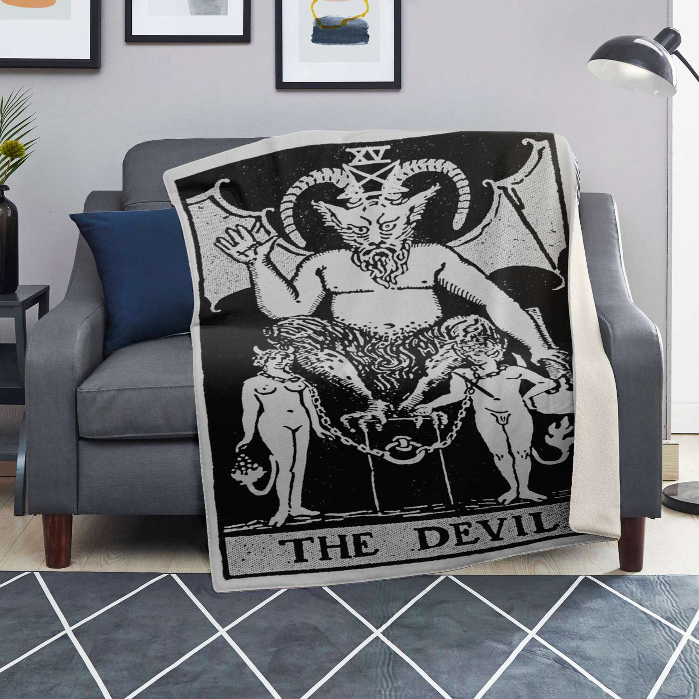 Dark Slate Gray Retro The Devil Tarot Card | Premium Microfleece Blanket